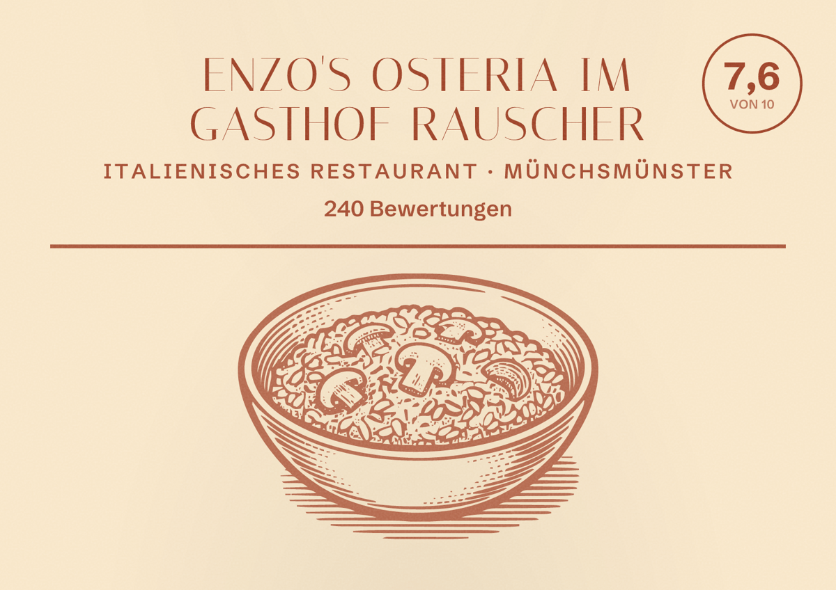 Illustriertes Poster von Enzo's Osteria im Gasthof Rauscher, Italienisches Restaurant in Münchsmünster: Bewertung 7,6 von 10 aus 240 Bewertungen