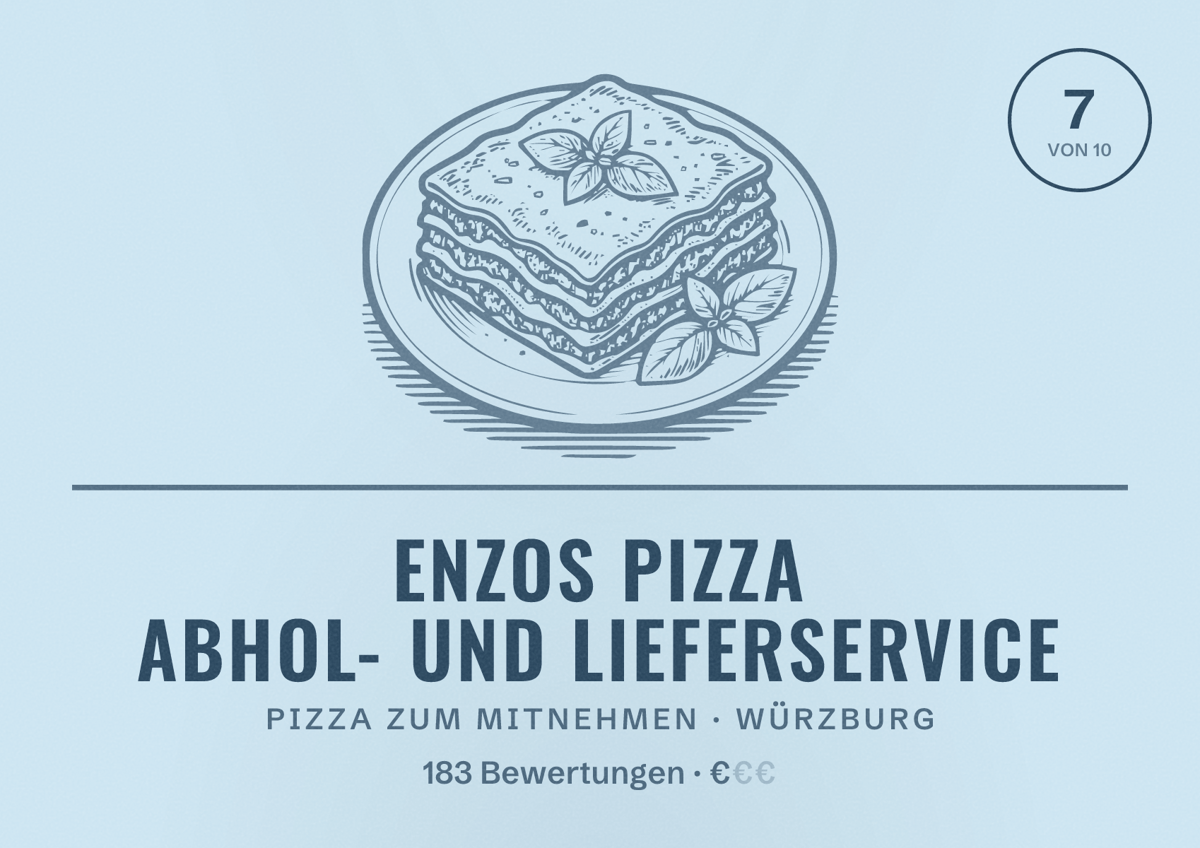 Illustriertes Poster von Enzos Pizza Abhol- und Lieferservice, Pizza zum Mitnehmen in Würzburg: Bewertung 7 von 10 aus 183 Bewertungen, Preisniveau €
