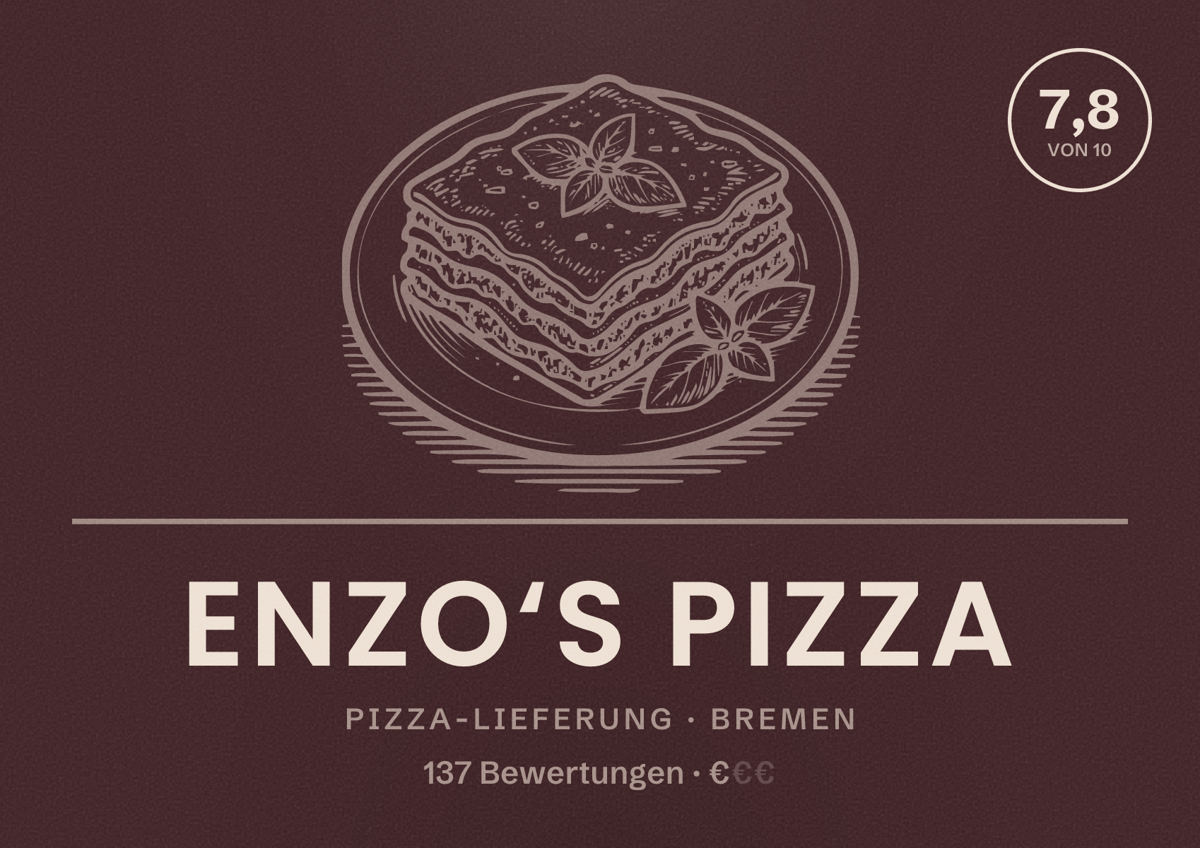 Illustriertes Poster von Enzo‘s Pizza, Pizza-Lieferung in Bremen: Bewertung 7,8 von 10 aus 137 Bewertungen, Preisniveau €