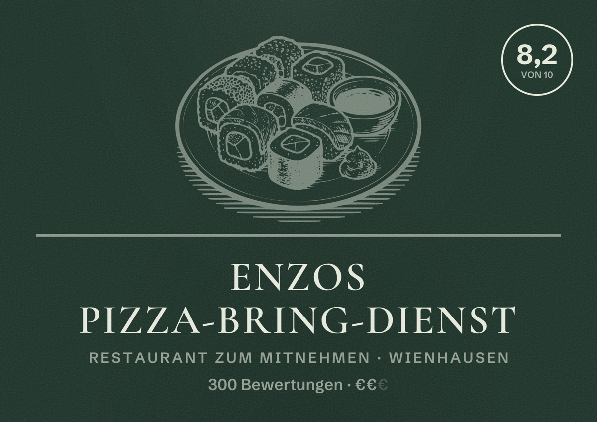 Illustriertes Poster von Enzos Pizza-Bring-Dienst, Restaurant zum Mitnehmen in Wienhausen: Bewertung 8,2 von 10 aus 300 Bewertungen, Preisniveau €€