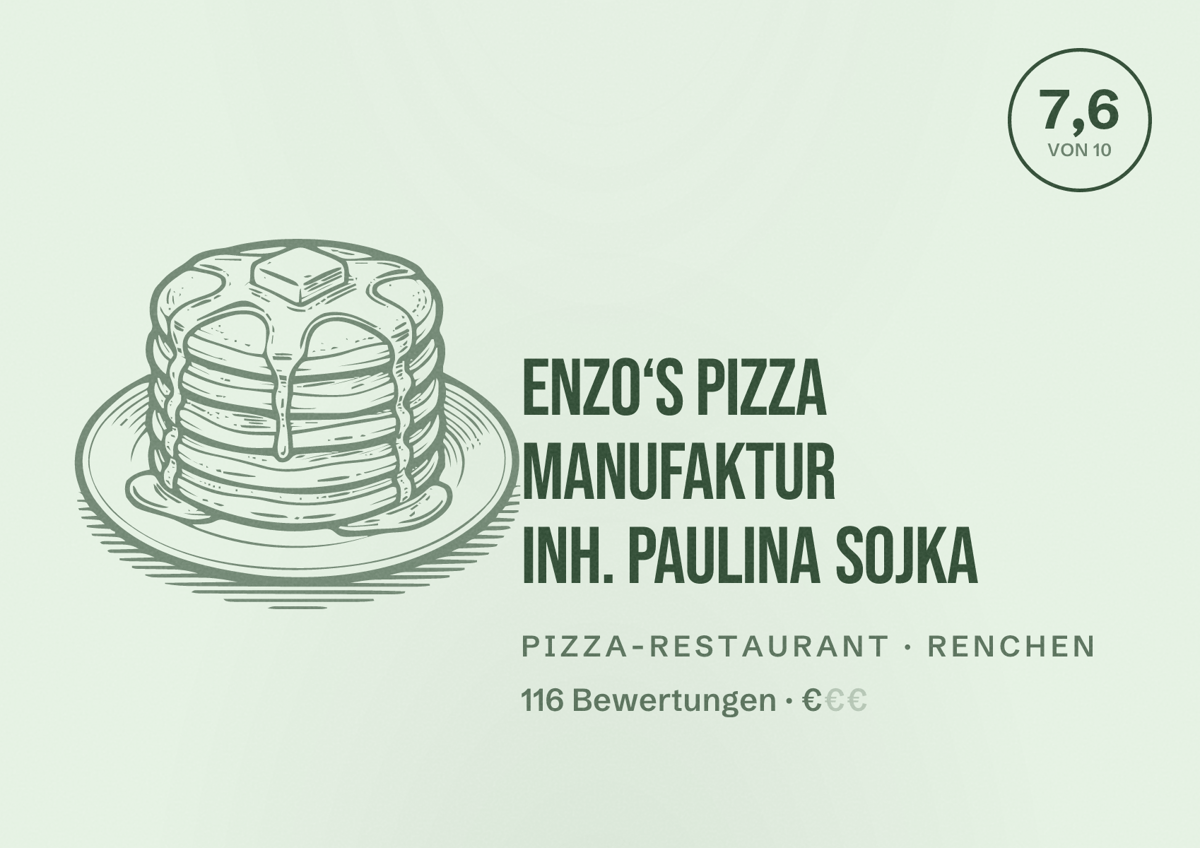 Illustriertes Poster von Enzo‘s Pizza Manufaktur Inh. Paulina Sojka, Pizza-Restaurant in Renchen: Bewertung 7,6 von 10 aus 116 Bewertungen, Preisniveau €