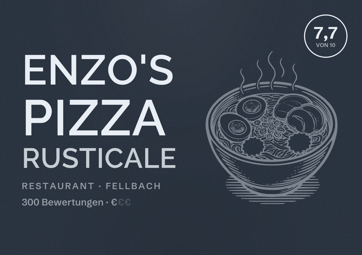 Illustriertes Poster von Enzo's Pizza Rusticale, Restaurant in Fellbach: Bewertung 7,7 von 10 aus 300 Bewertungen, Preisniveau €
