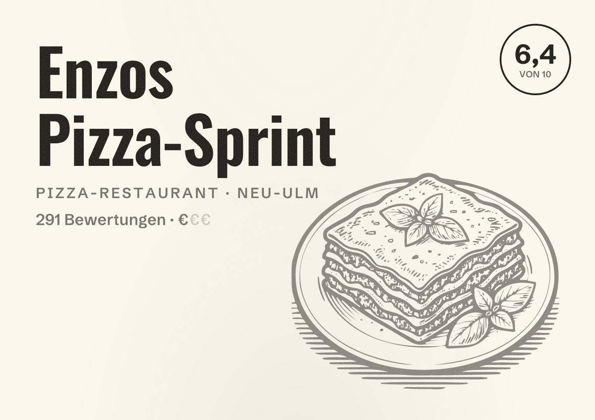 Illustriertes Poster von Enzos Pizza-Sprint, Pizza-Restaurant in Neu-Ulm: Bewertung 6,4 von 10 aus 291 Bewertungen, Preisniveau €