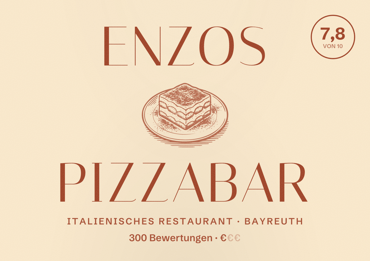 Illustriertes Poster von Enzos Pizzabar, Italienisches Restaurant in Bayreuth: Bewertung 7,8 von 10 aus 300 Bewertungen, Preisniveau €