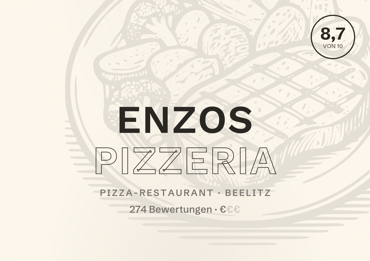 Illustriertes Poster von Enzos Pizzeria, Pizza-Restaurant in Beelitz: Bewertung 8,7 von 10 aus 274 Bewertungen, Preisniveau €