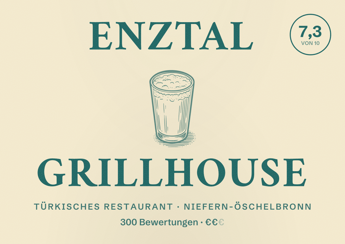 Illustriertes Poster von Enztal Grillhouse, Türkisches Restaurant in Niefern-Öschelbronn: Bewertung 7,3 von 10 aus 300 Bewertungen, Preisniveau €€