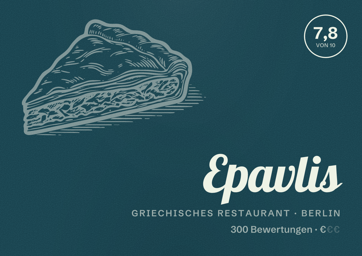 Illustriertes Poster von Epavlis, Griechisches Restaurant in Berlin: Bewertung 7,8 von 10 aus 300 Bewertungen, Preisniveau €