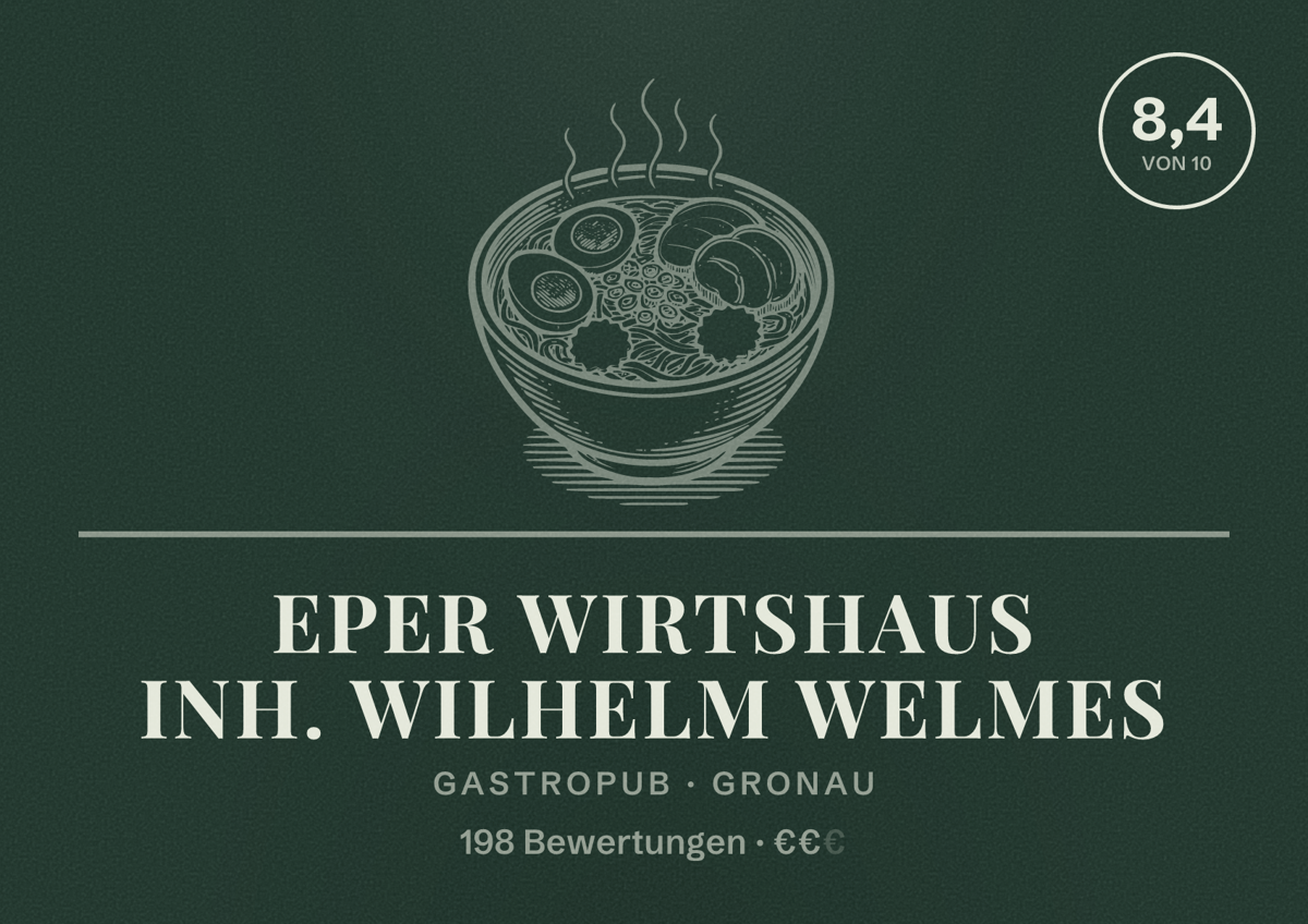 Illustriertes Poster von Eper Wirtshaus Inh. Wilhelm Welmes, Gastropub in Gronau: Bewertung 8,4 von 10 aus 198 Bewertungen, Preisniveau €€
