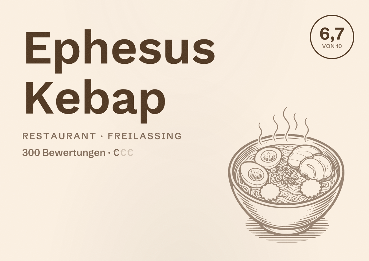 Illustriertes Poster von Ephesus Kebap, Restaurant in Freilassing: Bewertung 6,7 von 10 aus 300 Bewertungen, Preisniveau €