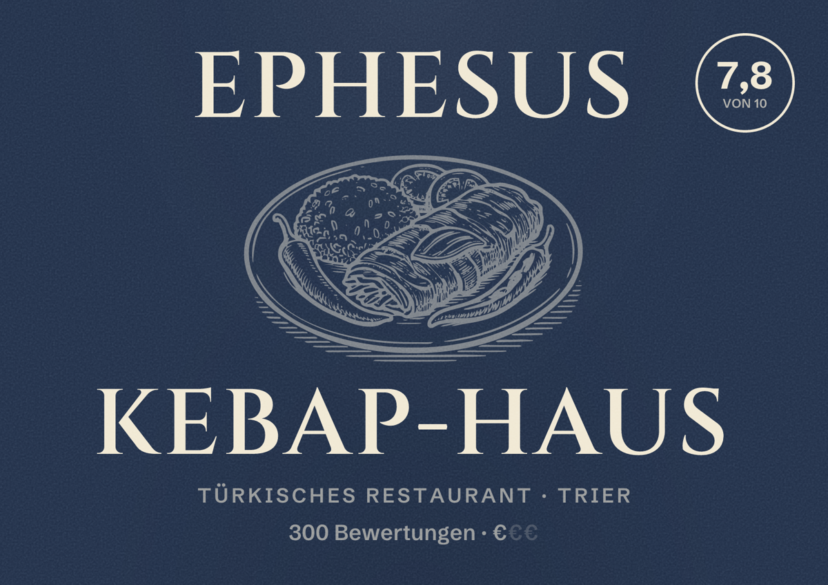 Illustriertes Poster von Ephesus Kebap-Haus, Türkisches Restaurant in Trier: Bewertung 7,8 von 10 aus 300 Bewertungen, Preisniveau €