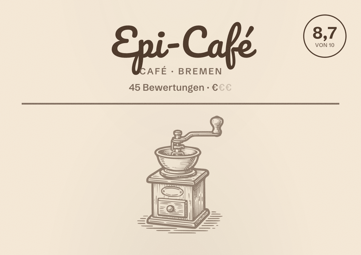 Illustriertes Poster von Epi-Café, Café in Bremen: Bewertung 8,7 von 10 aus 45 Bewertungen, Preisniveau €