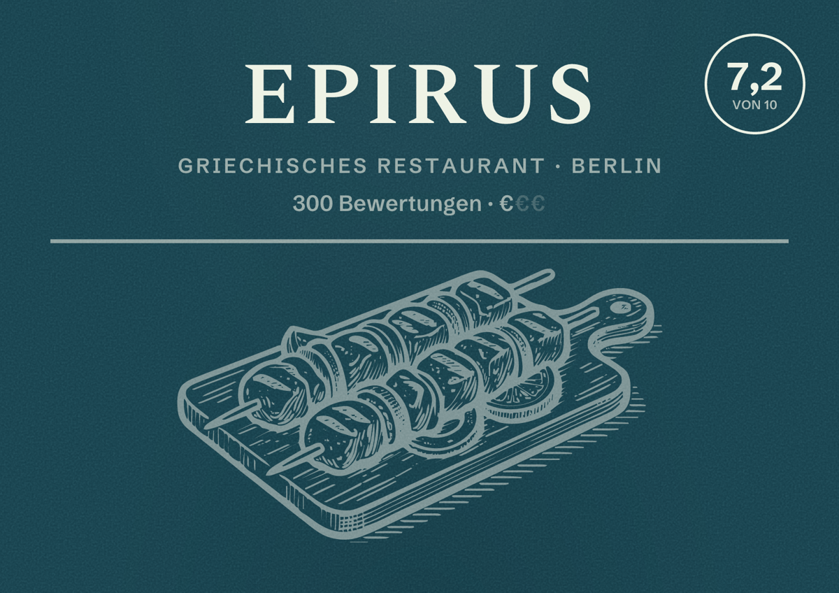 Illustriertes Poster von Epirus, Griechisches Restaurant in Berlin: Bewertung 7,2 von 10 aus 300 Bewertungen, Preisniveau €
