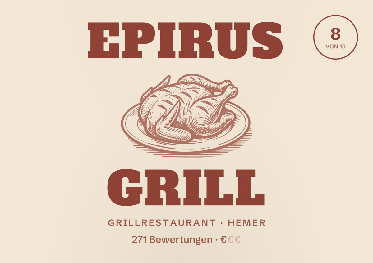 Illustriertes Poster von Epirus Grill, Grillrestaurant in Hemer: Bewertung 8 von 10 aus 271 Bewertungen, Preisniveau €