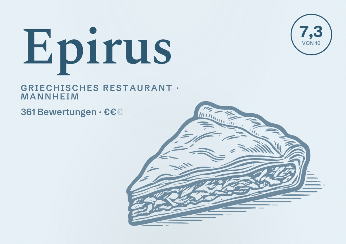 Illustriertes Poster von Epirus, Griechisches Restaurant in Mannheim: Bewertung 7,3 von 10 aus 361 Bewertungen, Preisniveau €€
