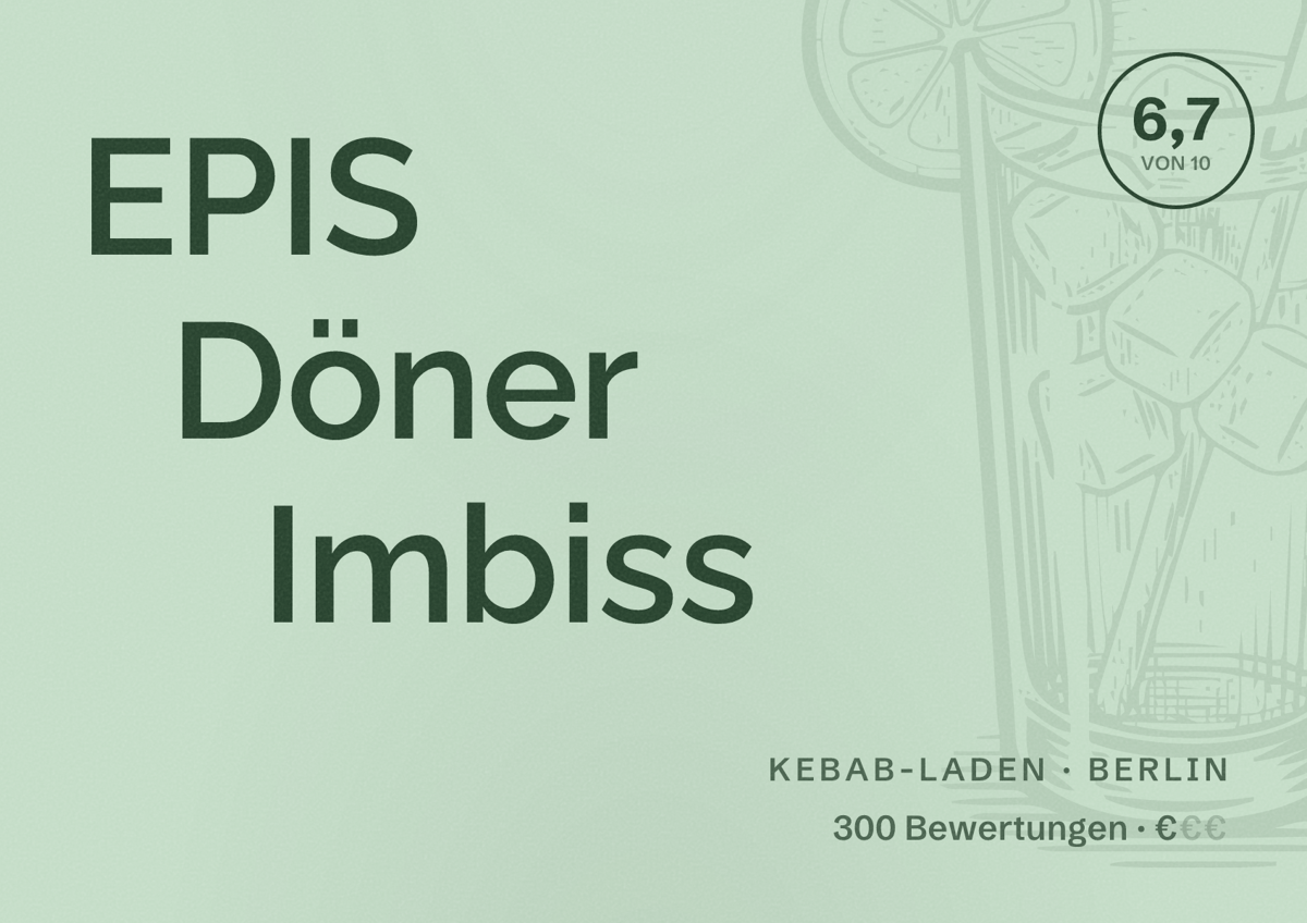 Illustriertes Poster von EPIS Döner Imbiss, Kebab-Laden in Berlin: Bewertung 6,7 von 10 aus 300 Bewertungen, Preisniveau €