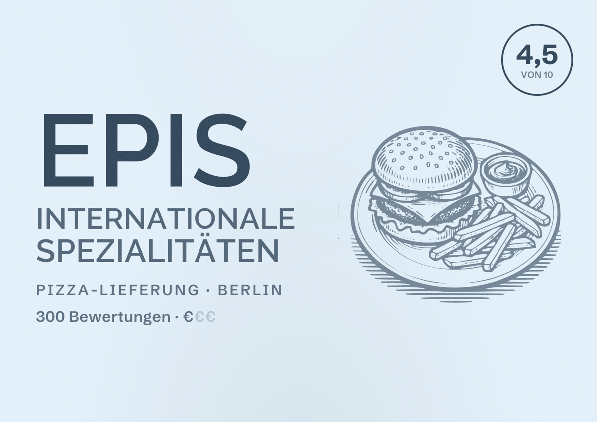Illustriertes Poster von Epis internationale Spezialitäten, Pizza-Lieferung in Berlin: Bewertung 4,5 von 10 aus 300 Bewertungen, Preisniveau €