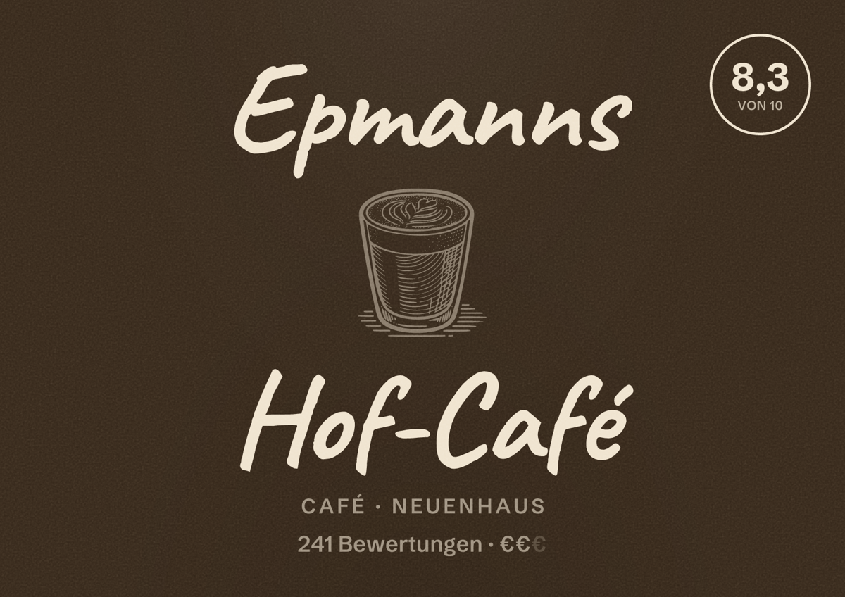 Illustriertes Poster von Epmanns Hof-Café, Café in Neuenhaus: Bewertung 8,3 von 10 aus 241 Bewertungen, Preisniveau €€