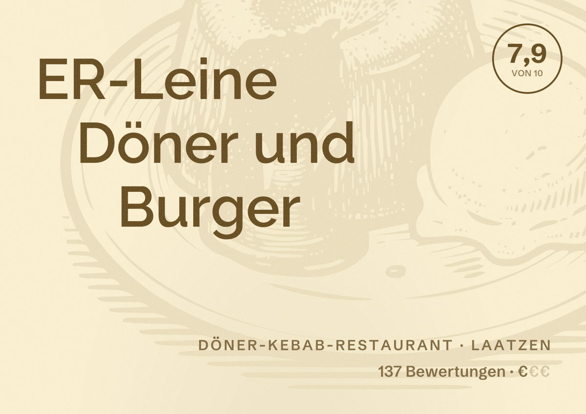 Illustriertes Poster von ER-Leine Döner und Burger, Döner-Kebab-Restaurant in Laatzen: Bewertung 7,9 von 10 aus 137 Bewertungen, Preisniveau €