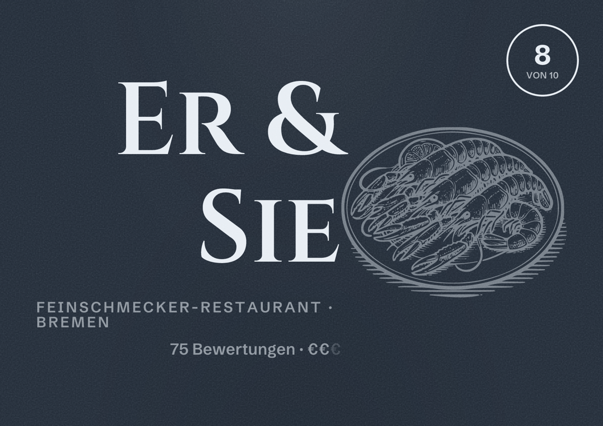Illustriertes Poster von Er & Sie, Feinschmecker-Restaurant in Bremen: Bewertung 8 von 10 aus 75 Bewertungen, Preisniveau €€