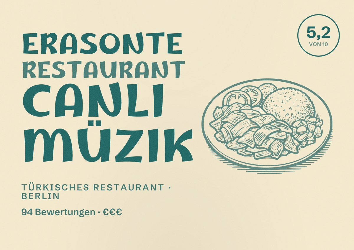 Illustriertes Poster von Erasonte Restaurant Canlı müzik, Türkisches Restaurant in Berlin: Bewertung 5,2 von 10 aus 94 Bewertungen, Preisniveau €€€