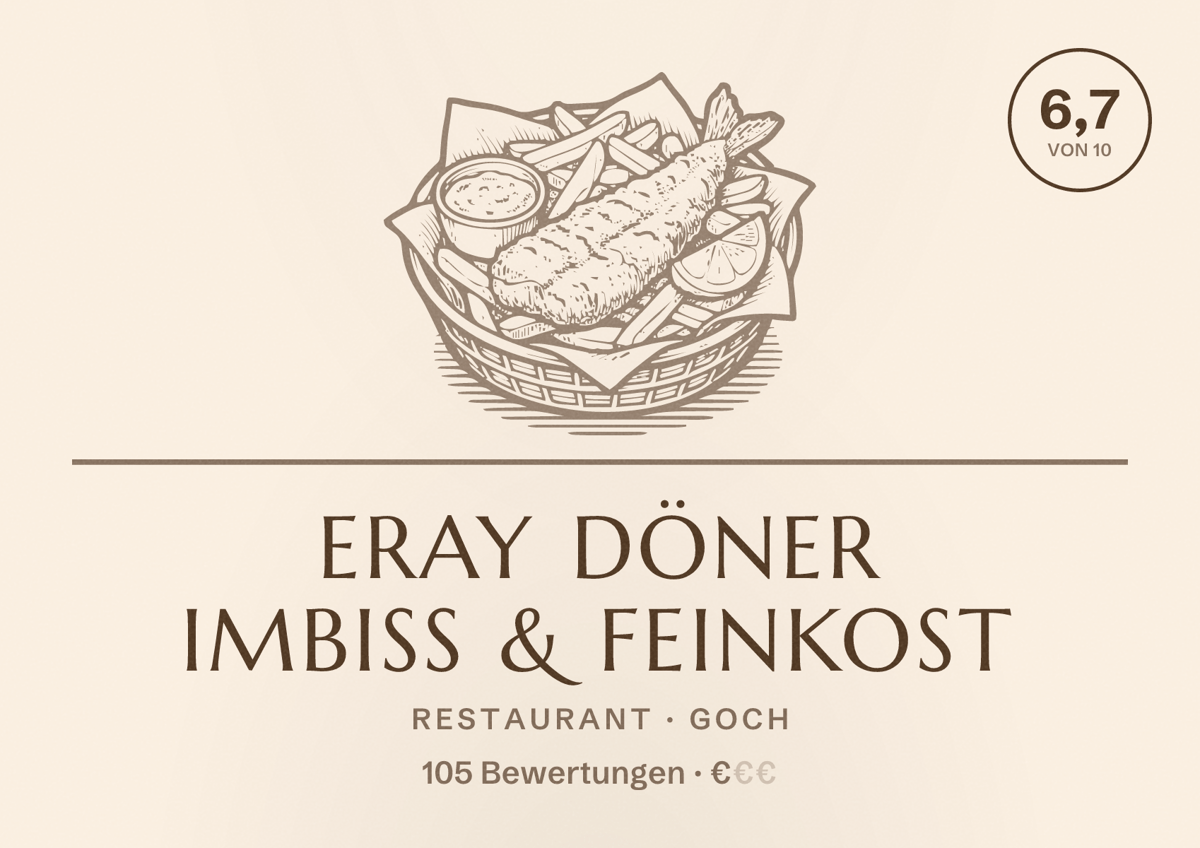 Illustriertes Poster von Eray Döner Imbiss & Feinkost, Restaurant in Goch: Bewertung 6,7 von 10 aus 105 Bewertungen, Preisniveau €