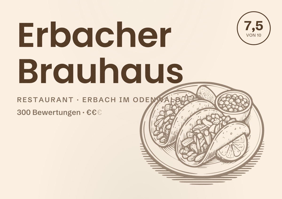 Illustriertes Poster von Erbacher Brauhaus, Restaurant in Erbach im Odenwald: Bewertung 7,5 von 10 aus 300 Bewertungen, Preisniveau €€