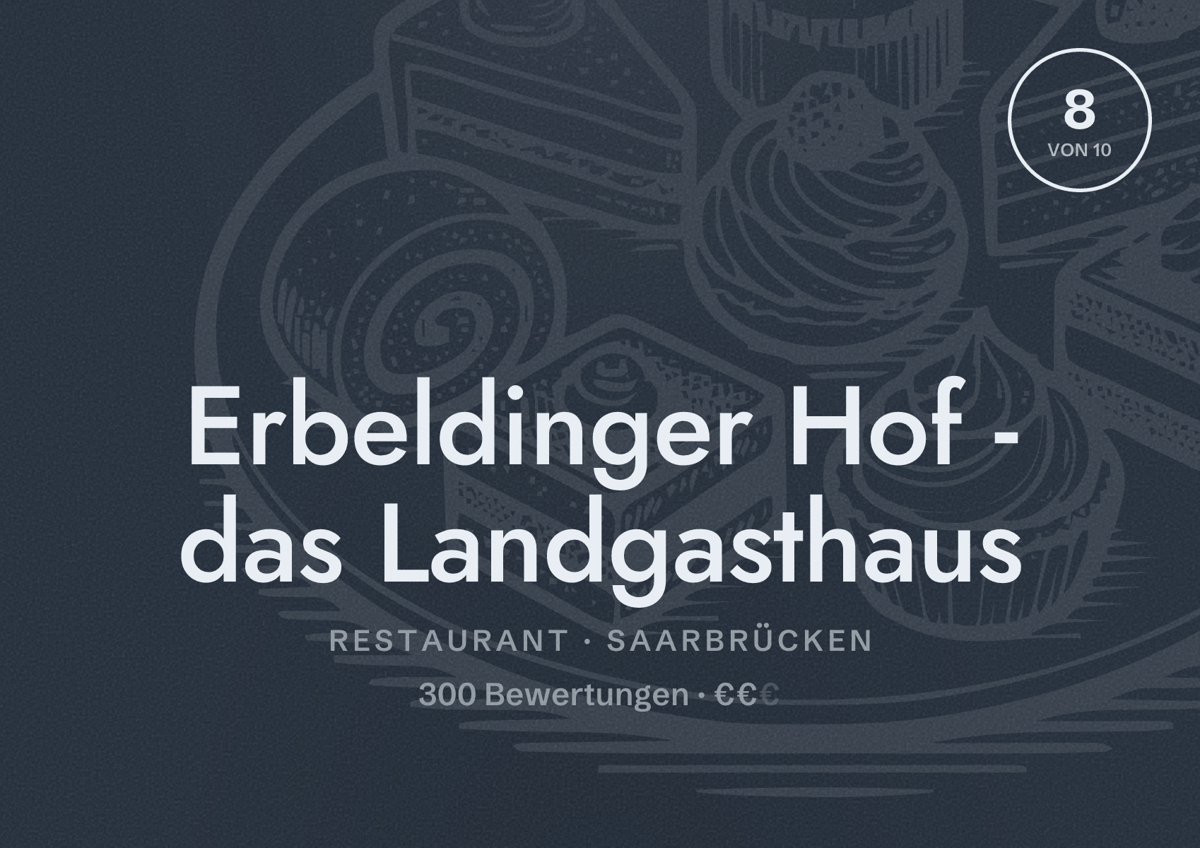 Illustriertes Poster von Erbeldinger Hof - das Landgasthaus, Restaurant in Saarbrücken: Bewertung 8,0 von 10 aus 300 Bewertungen, Preisniveau €€