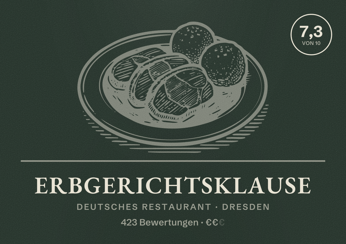 Illustriertes Poster von Erbgerichtsklause, Deutsches Restaurant in Dresden: Bewertung 7,3 von 10 aus 423 Bewertungen, Preisniveau €€