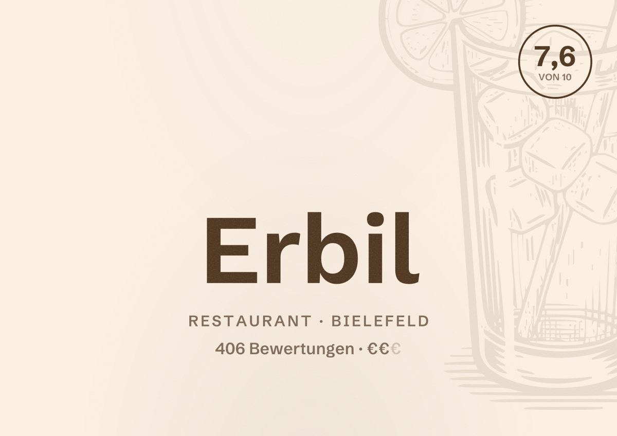Illustriertes Poster von Erbil, Restaurant in Bielefeld: Bewertung 7,6 von 10 aus 406 Bewertungen, Preisniveau €€