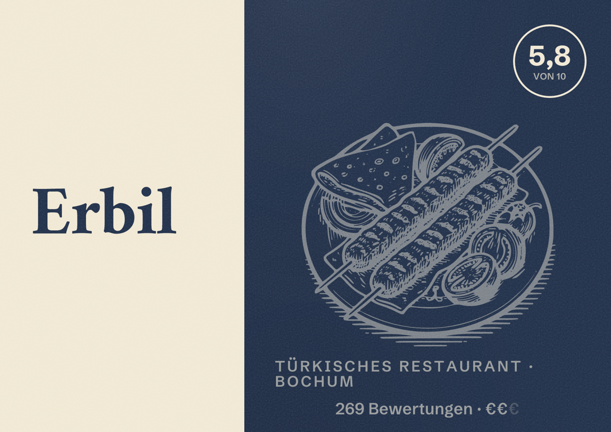 Illustriertes Poster von Erbil, Türkisches Restaurant in Bochum: Bewertung 5,8 von 10 aus 269 Bewertungen, Preisniveau €€