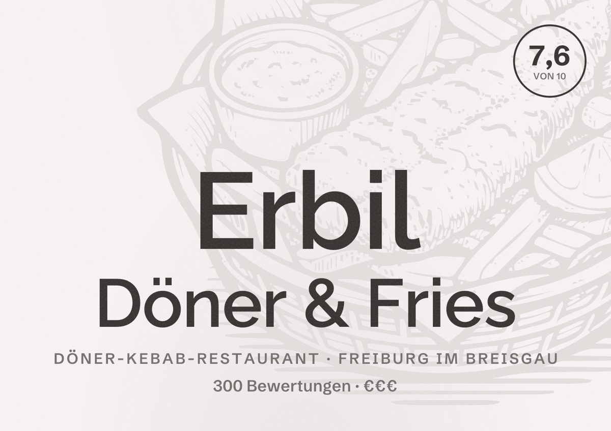 Illustriertes Poster von Erbil Döner & Fries, Döner-Kebab-Restaurant in Freiburg im Breisgau: Bewertung 7,6 von 10 aus 300 Bewertungen, Preisniveau €€€