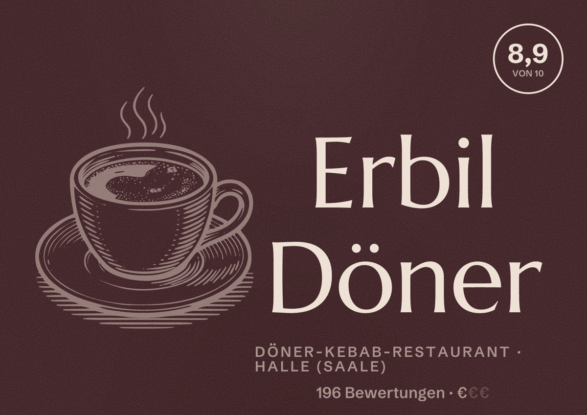 Illustriertes Poster von Erbil Döner, Döner-Kebab-Restaurant in Halle (Saale): Bewertung 8,9 von 10 aus 196 Bewertungen, Preisniveau €