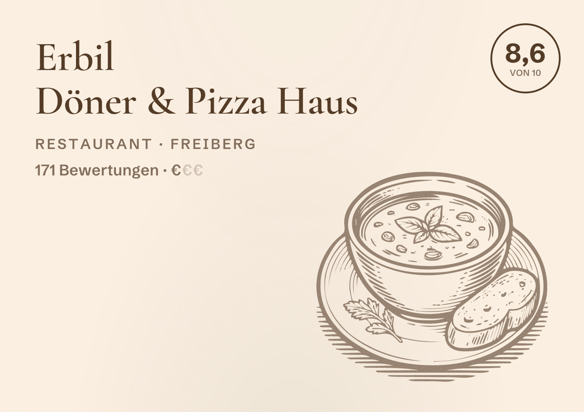 Illustriertes Poster von Erbil Döner & Pizza Haus, Restaurant in Freiberg: Bewertung 8,6 von 10 aus 171 Bewertungen, Preisniveau €