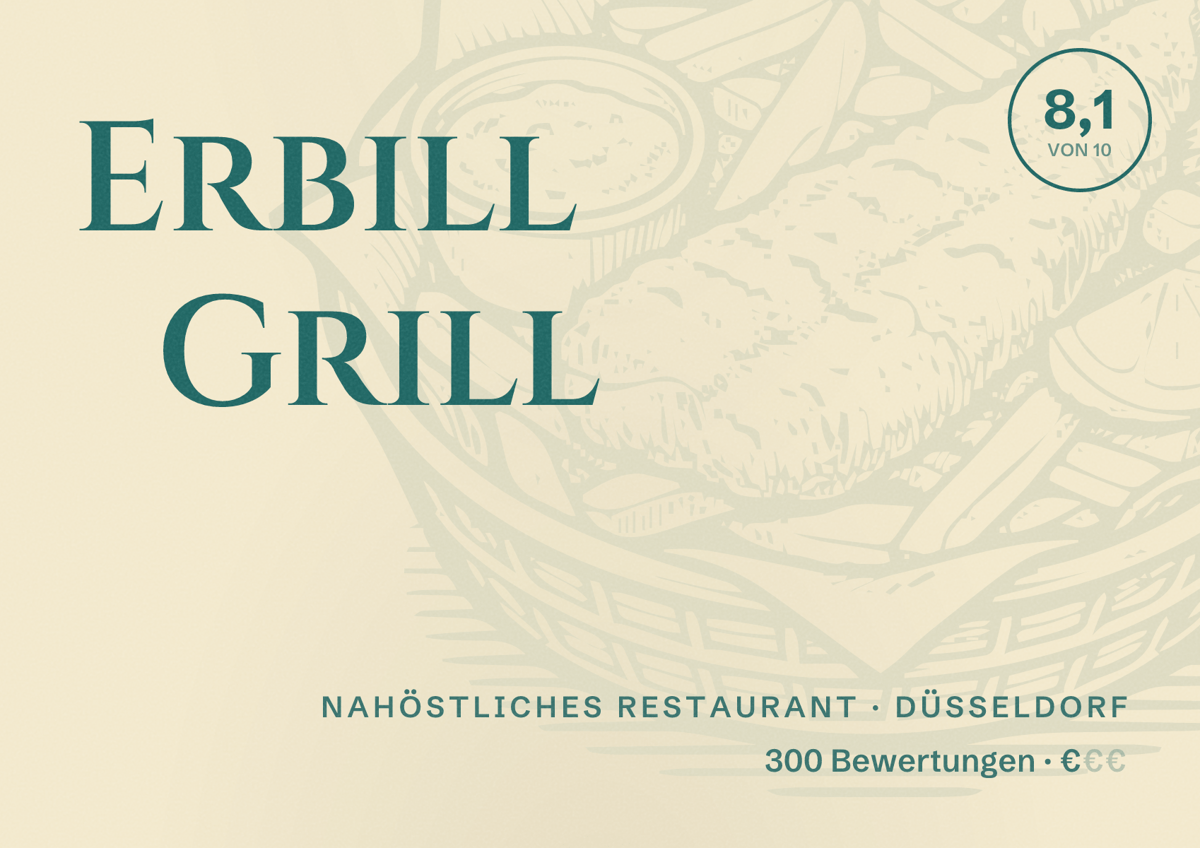 Illustriertes Poster von Erbill Grill, Nahöstliches Restaurant in Düsseldorf: Bewertung 8,1 von 10 aus 300 Bewertungen, Preisniveau €