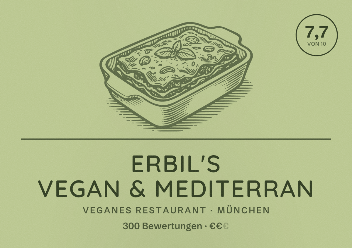 Illustriertes Poster von Erbil's Vegan & Mediterran, Veganes Restaurant in München: Bewertung 7,7 von 10 aus 300 Bewertungen, Preisniveau €€