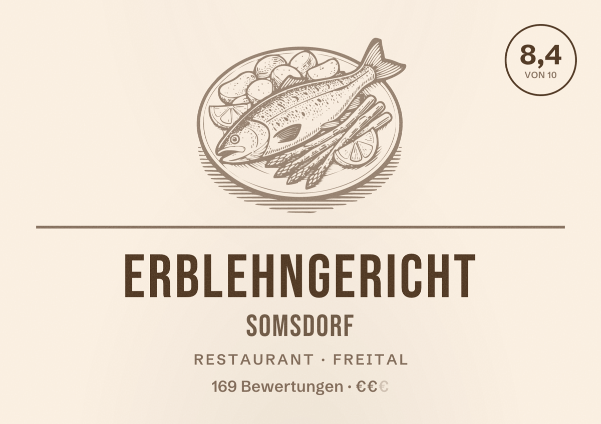 Illustriertes Poster von Erblehngericht Somsdorf, Restaurant in Freital: Bewertung 8,4 von 10 aus 169 Bewertungen, Preisniveau €€
