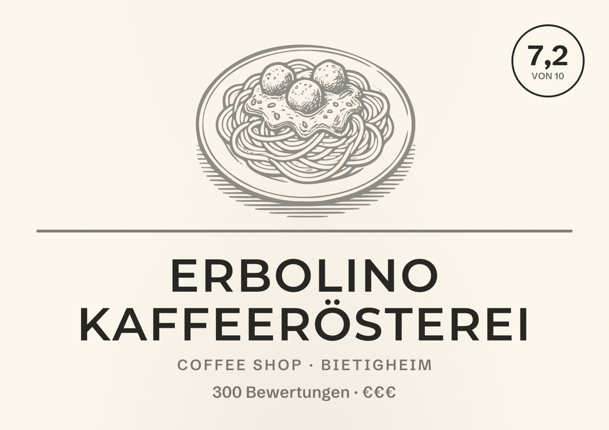 Illustriertes Poster von Erbolino Kaffeerösterei, Coffee Shop in Bietigheim: Bewertung 7,2 von 10 aus 300 Bewertungen, Preisniveau €€€