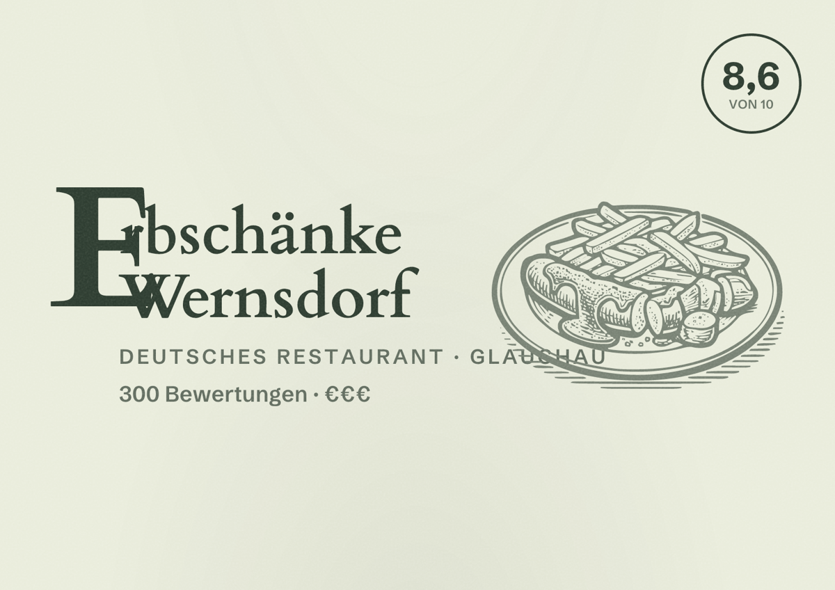 Illustriertes Poster von Erbschänke Wernsdorf, Deutsches Restaurant in Glauchau: Bewertung 8,6 von 10 aus 300 Bewertungen, Preisniveau €€€