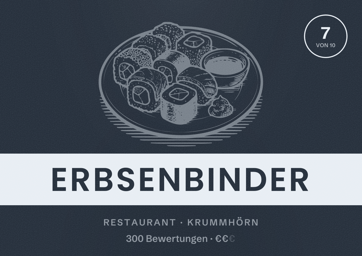 Illustriertes Poster von Erbsenbinder, Restaurant in Krummhörn: Bewertung 7 von 10 aus 300 Bewertungen, Preisniveau €€