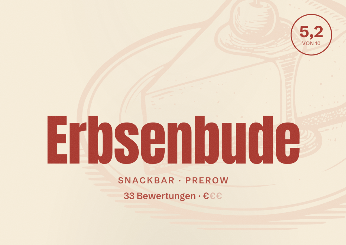 Illustriertes Poster von Erbsenbude, Snackbar in Prerow: Bewertung 5,2 von 10 aus 33 Bewertungen, Preisniveau €