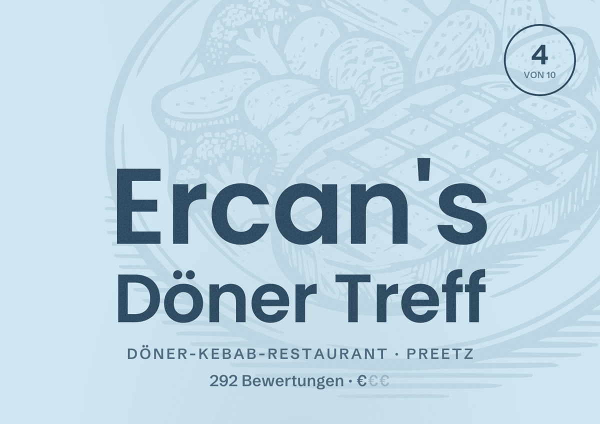 Illustriertes Poster von Ercan's Döner Treff, Döner-Kebab-Restaurant in Preetz: Bewertung 4 von 10 aus 292 Bewertungen, Preisniveau €