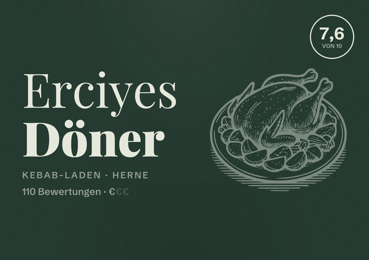 Illustriertes Poster von Erciyes Döner, Kebab-Laden in Herne: Bewertung 7,6 von 10 aus 110 Bewertungen, Preisniveau €