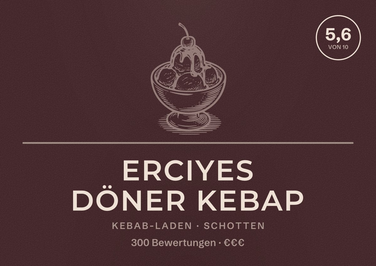 Illustriertes Poster von Erciyes Döner Kebap, Kebab-Laden in Schotten: Bewertung 5,6 von 10 aus 300 Bewertungen, Preisniveau €€€