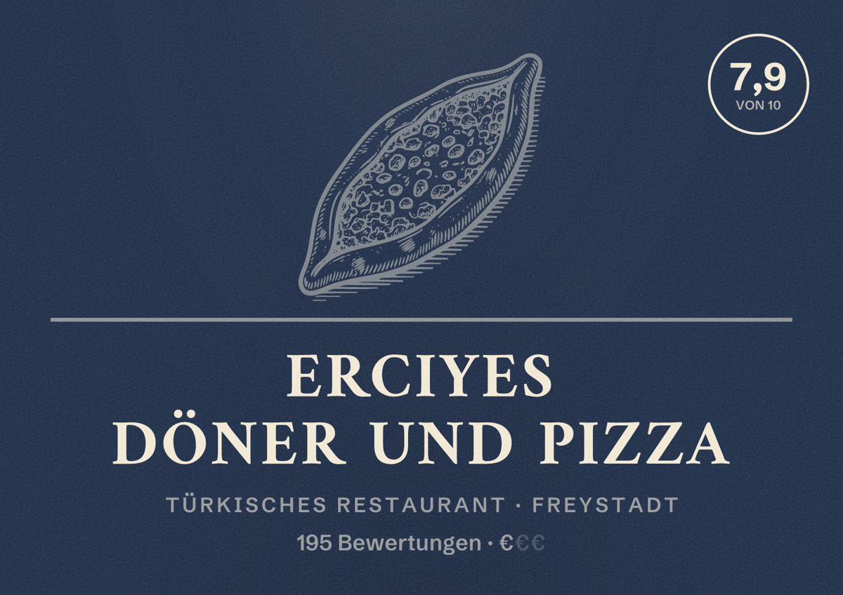 Illustriertes Poster von Erciyes Döner und Pizza, Türkisches Restaurant in Freystadt: Bewertung 7,9 von 10 aus 195 Bewertungen, Preisniveau €
