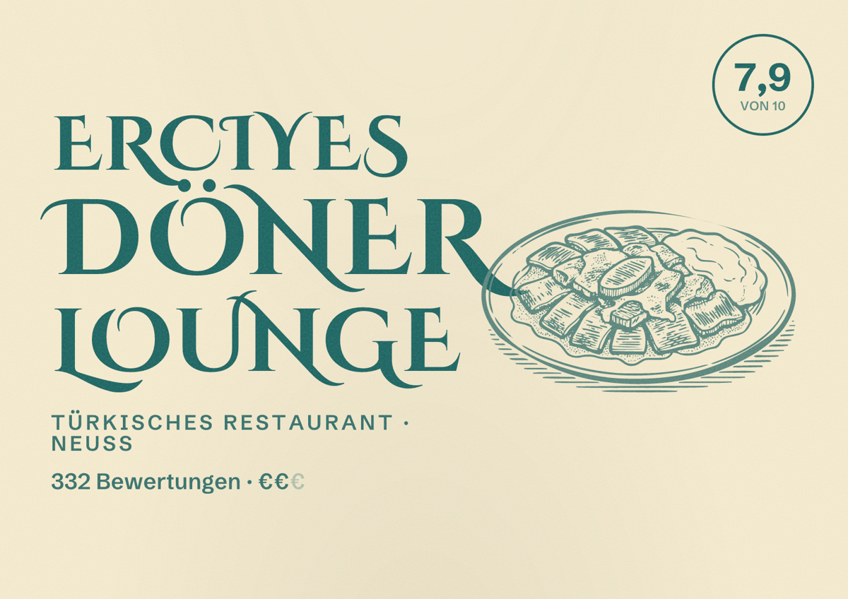 Illustriertes Poster von Erciyes Döner Lounge, Türkisches Restaurant in Neuss: Bewertung 7,9 von 10 aus 332 Bewertungen, Preisniveau €€