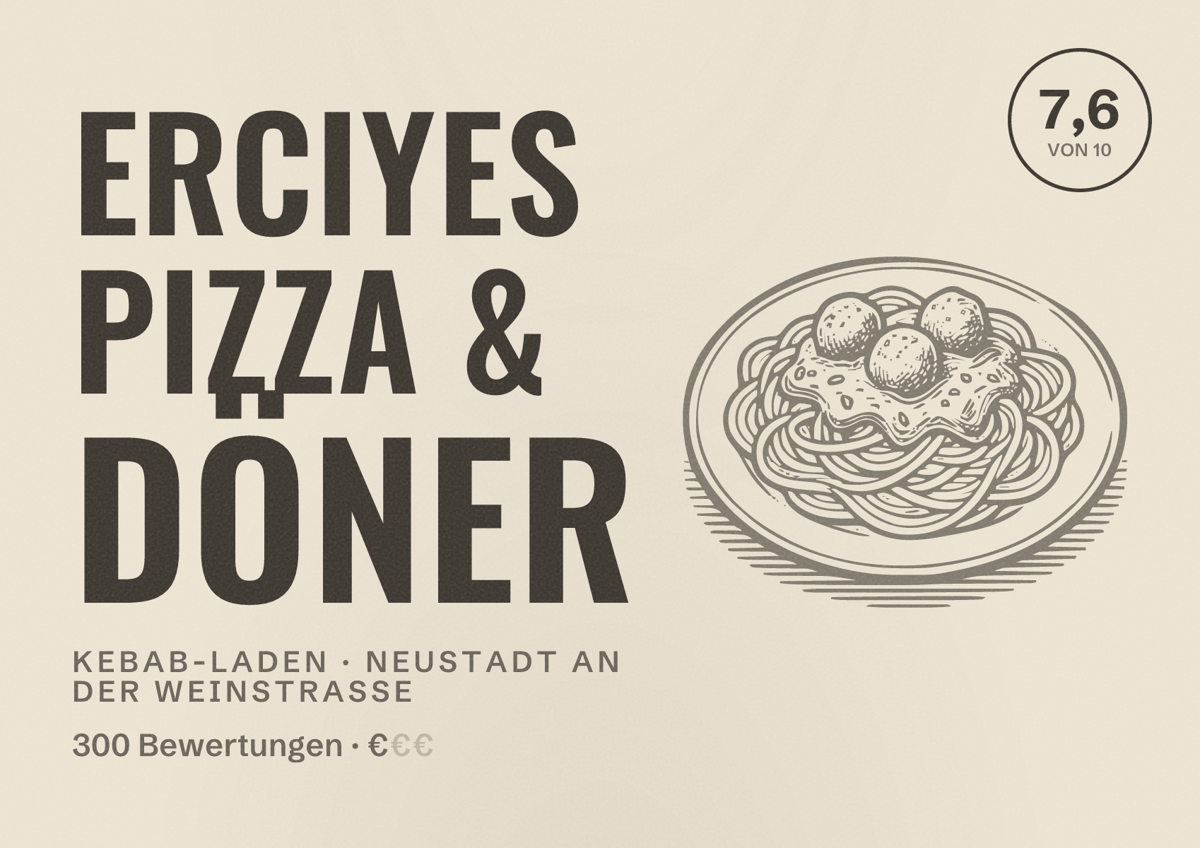 Illustriertes Poster von Erciyes Pizza & Döner, Kebab-Laden in Neustadt an der Weinstraße: Bewertung 7,6 von 10 aus 300 Bewertungen, Preisniveau €