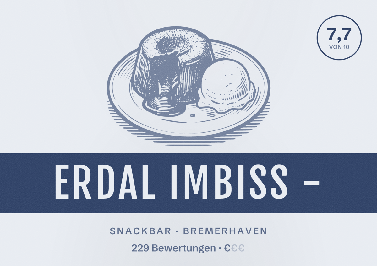 Illustriertes Poster von Erdal Imbiss -, Snackbar in Bremerhaven: Bewertung 7,7 von 10 aus 229 Bewertungen, Preisniveau €