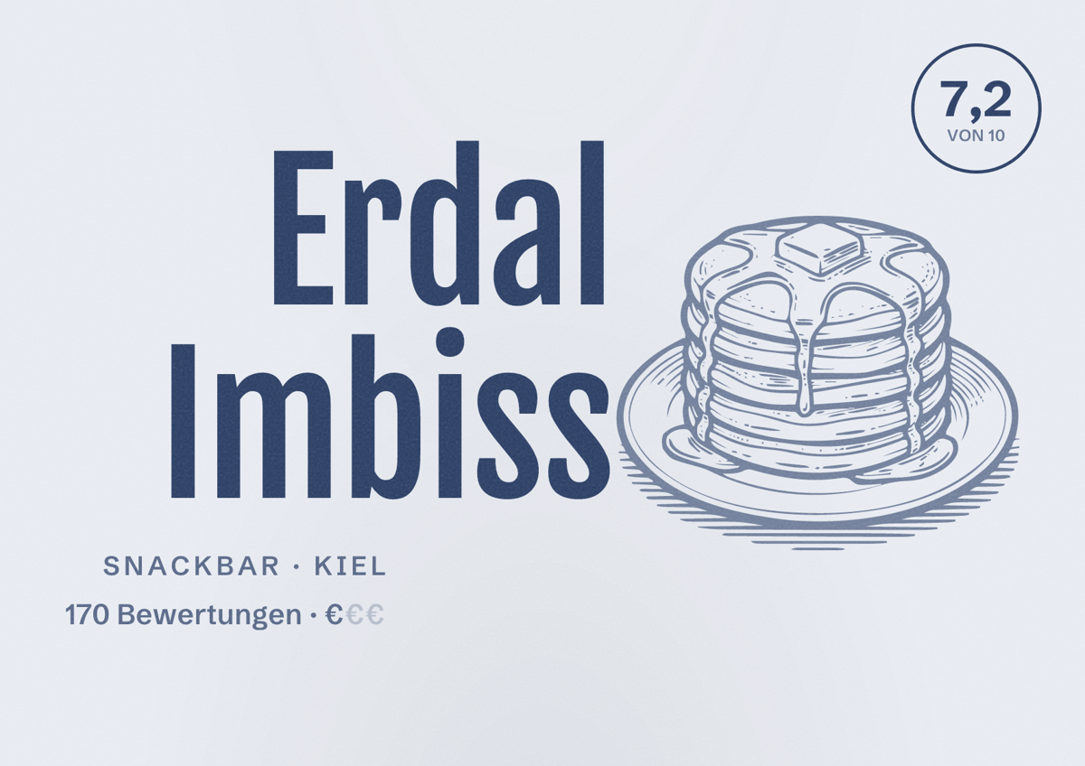 Illustriertes Poster von Erdal Imbiss, Snackbar in Kiel: Bewertung 7,2 von 10 aus 170 Bewertungen, Preisniveau €