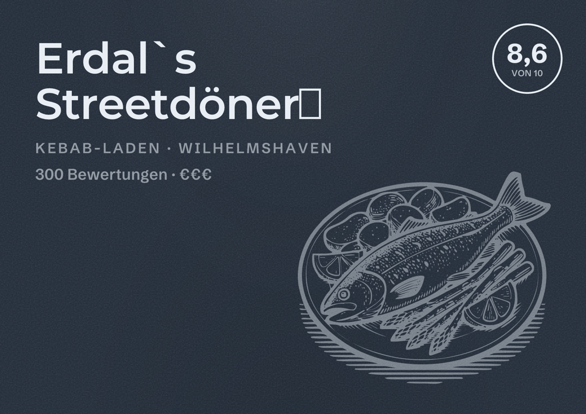 Illustriertes Poster von Erdal`s Streetdöner🥙, Kebab-Laden in Wilhelmshaven: Bewertung 8,6 von 10 aus 300 Bewertungen, Preisniveau €€€