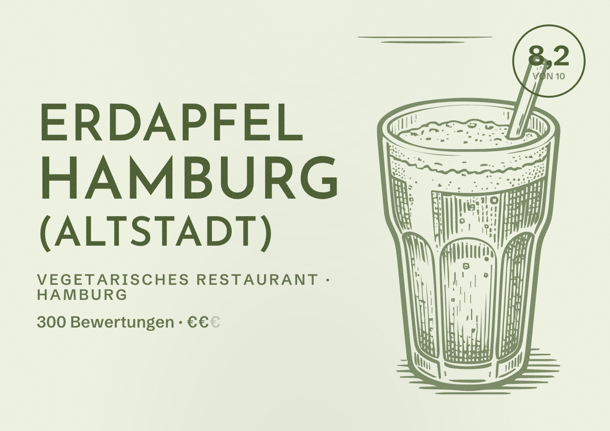 Illustriertes Poster von Erdapfel Hamburg (Altstadt), Vegetarisches Restaurant in Hamburg: Bewertung 8,2 von 10 aus 300 Bewertungen, Preisniveau €€